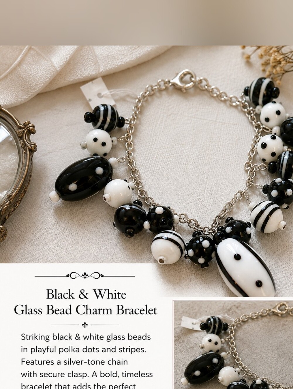 Black & White Glass Bead Charm Bracelet - Polka Dot & Stripe